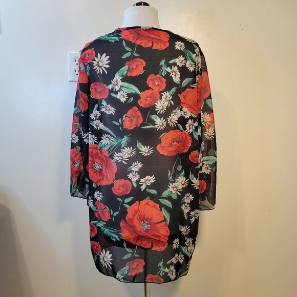 Ambiance: Semi-Sheer Open front Poppy Print Cardigan Cover up - Picture 3 of 5
